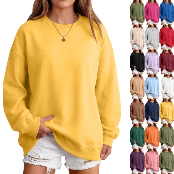 Oversized Sweatshirts Women Crewneck 2026 Fall Cute Fleece Pullover Top | Loose Fit Long Sleeve Sweatshirt no Hood, Drop Shoulder Tops, Workout Athletic Cozy, Airport Travel Clothes Yellow,XL