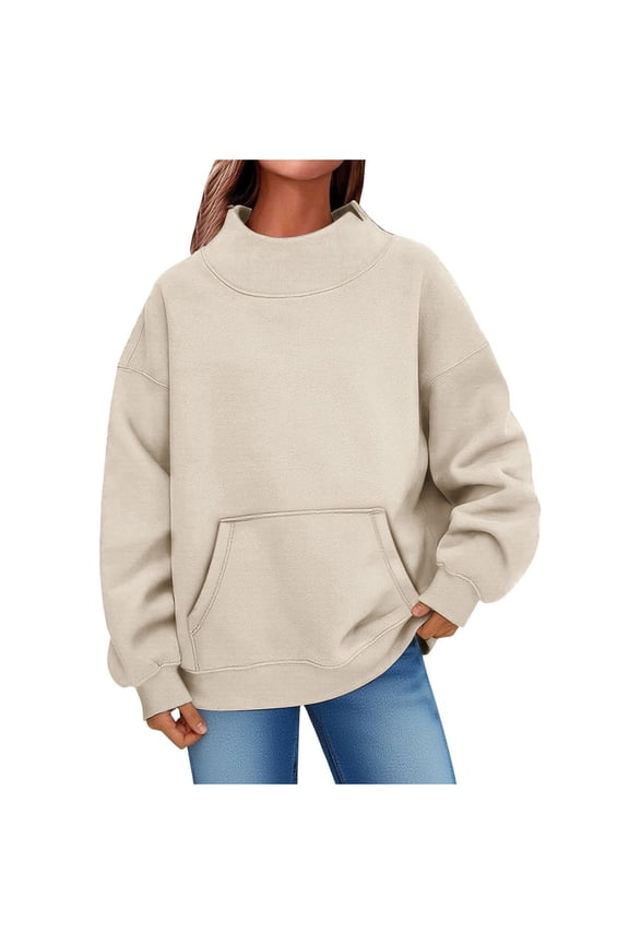 Oversized Sweatshirts Women Split Mock Crew Neck Plain Pullover Tops Long Sleeve Loose Casual Fall Winter Clothes (L, Beige|Pocket)