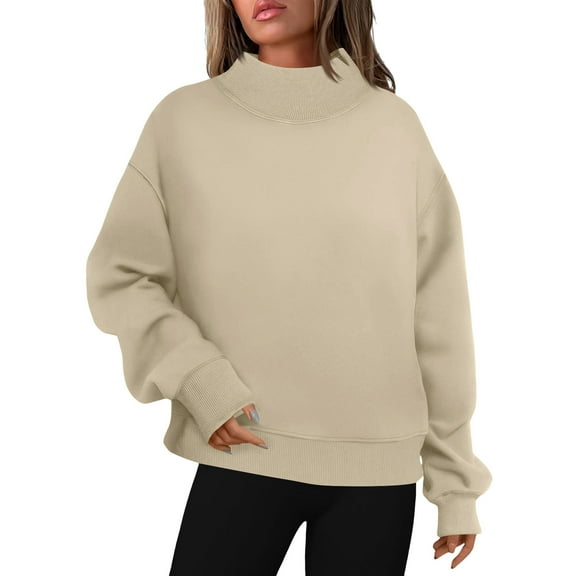 Oversized Sweatshirts Women Split Mock Crew Neck Plain Pullover Tops Long Sleeve Loose Casual Fall Winter Clothes (M, Khaki)