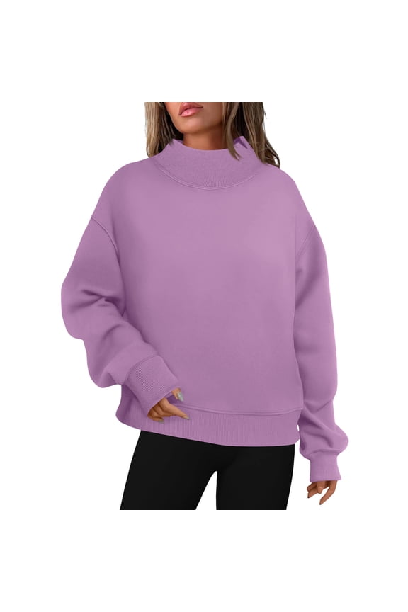 Oversized Sweatshirts Women Split Mock Crew Neck Plain Pullover Tops Long Sleeve Loose Casual Fall Winter Clothes (XL, Purple)