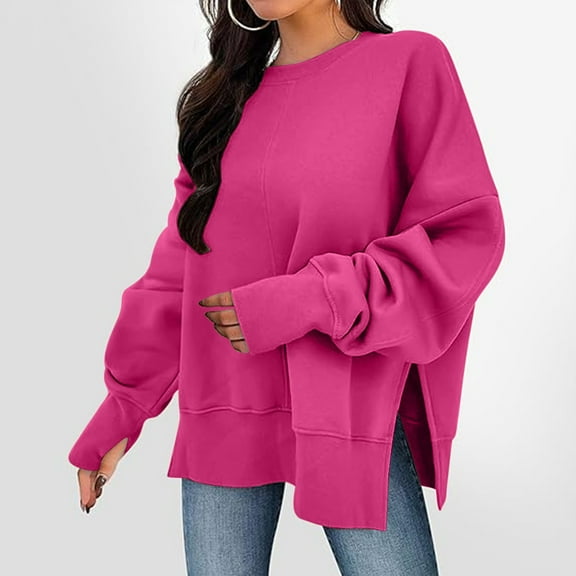 Oversized Sweatshirts for Women Trendy Side Split Crewneck Sweatshirt Classic Solid Color Pullover Loose Long Sleeve Blouse with Thumb Hole Lightweight Soft Tops