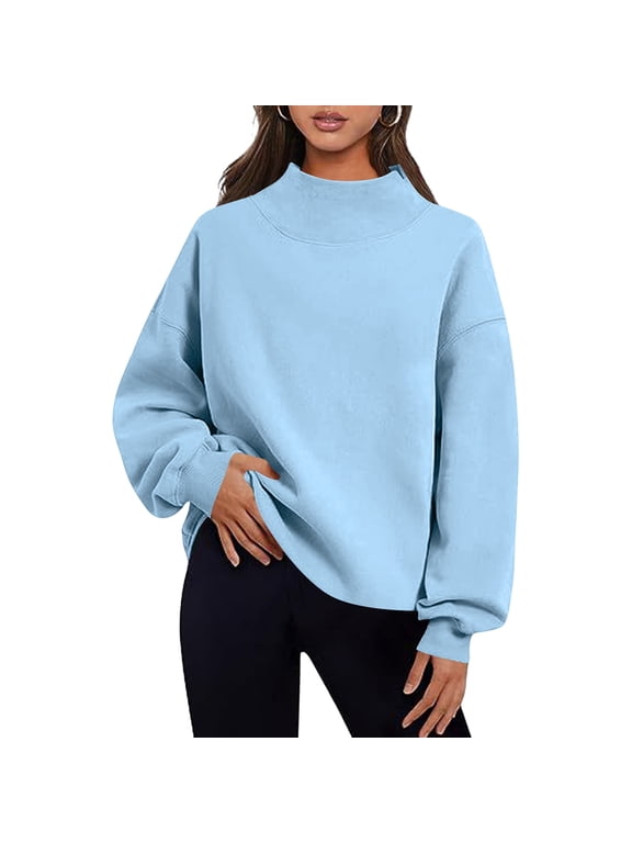 Oversized Sweatshirts Women Trendy Slit Mock Neck Plain Pullover Long Sleeve Tops Baggy Casual Sweaters, 2XL Light Blue