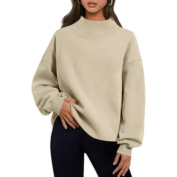 Oversized Sweatshirts Women Trendy Slit Mock Neck Plain Pullover Long Sleeve Tops Baggy Casual Sweaters, L Khaki-N
