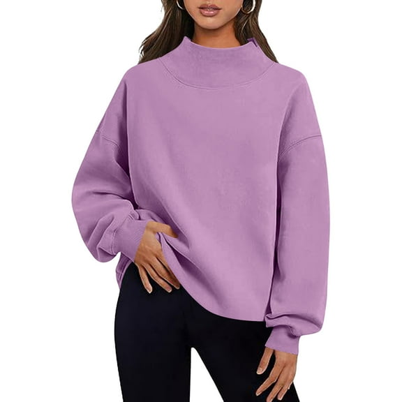 Oversized Sweatshirts Women Trendy Slit Mock Neck Plain Pullover Long Sleeve Tops Baggy Casual Sweaters, L Purple
