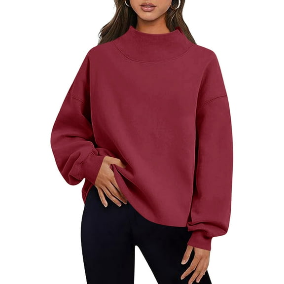 Oversized Sweatshirts Women Trendy Slit Mock Neck Plain Pullover Long Sleeve Tops Baggy Casual Sweaters, L Wine