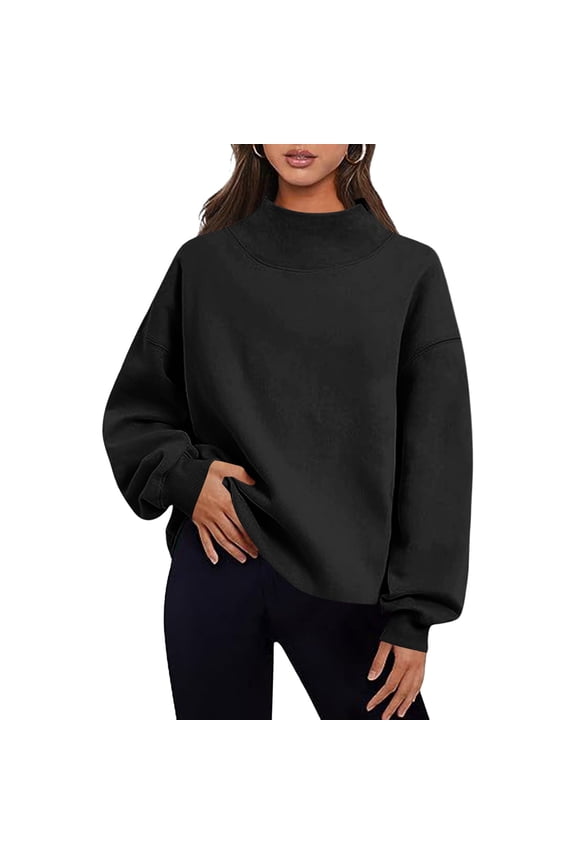 Oversized Sweatshirts Women Trendy Slit Mock Neck Plain Pullover Long Sleeve Tops Baggy Casual Sweaters, XL Black