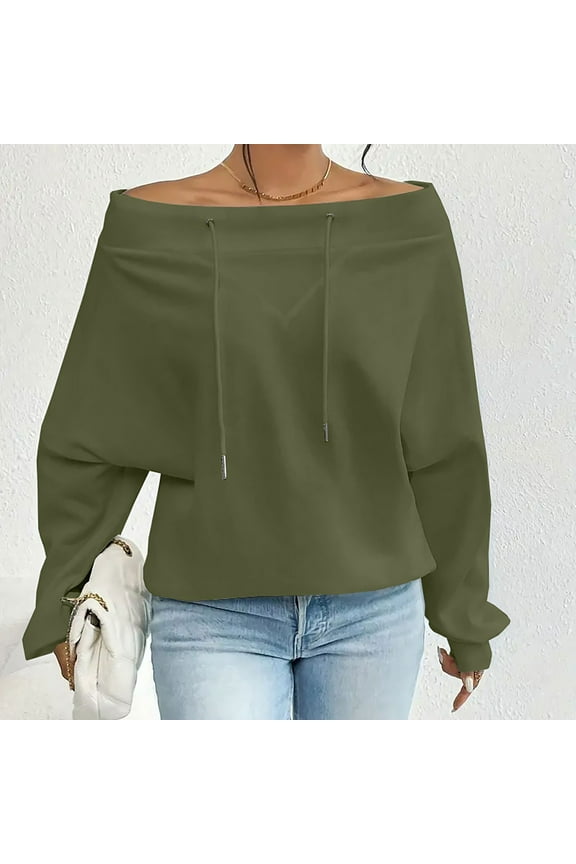 Oversized Sweatshirts for Womens Fashion One-Line Shoulder Sweatshirt with Drawstring Casual Long Sleeved Crewneck Shirts Solid Color Loose Pullover Tops