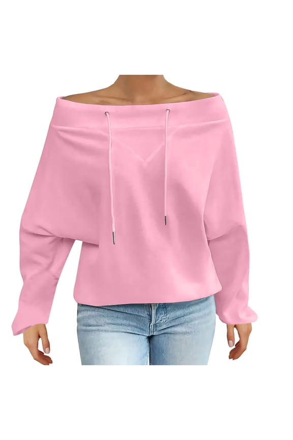 Oversized Sweatshirts for Womens Fashion One-Line Shoulder Sweatshirt with Drawstring Casual Long Sleeved Crewneck Shirts Solid Color Loose Pullover Tops