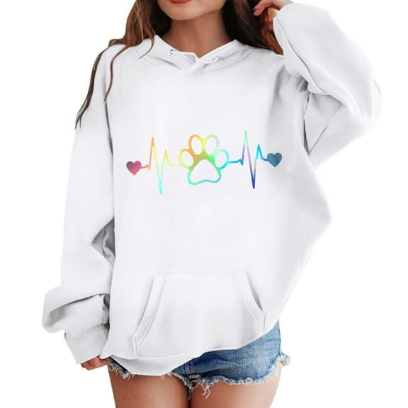 Oversized Sweatshirts for Boys Girls Hoodie Dog Paw Printed Cotton Pocket Hooded Sweatshirt Tops Kids Cute Clothes (13-14 Years, White)