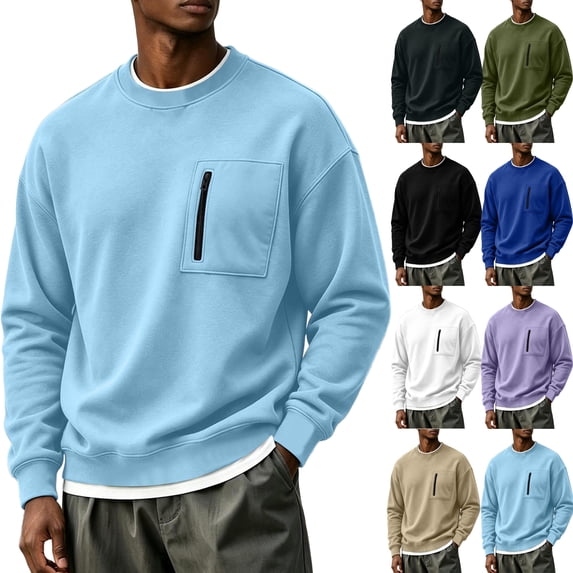 Oversized Sweatshirts for Men Crewneck Long Sleeve Zip Pocket Pullover Loose Fit Casual Everyday Fall Winter Tops