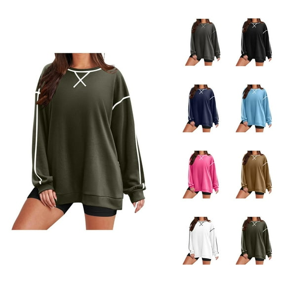 Oversized Sweatshirts for Women 2025 Fall Long Sleeve Crewneck Side Slit Color Block Sweatshirt Pullover Tops