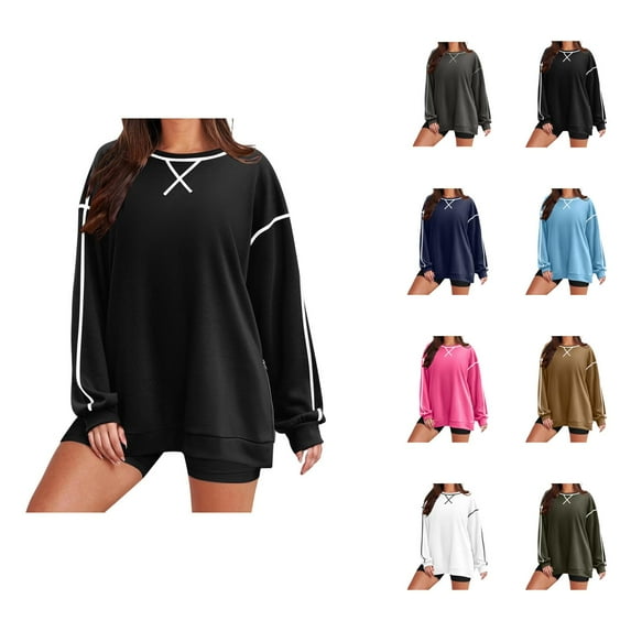 Oversized Sweatshirts for Women 2025 Fall Long Sleeve Crewneck Side Slit Color Block Sweatshirt Pullover Tops