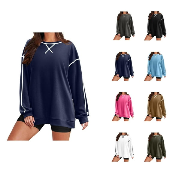 Oversized Sweatshirts for Women 2025 Fall Long Sleeve Crewneck Side Slit Color Block Sweatshirt Pullover Tops