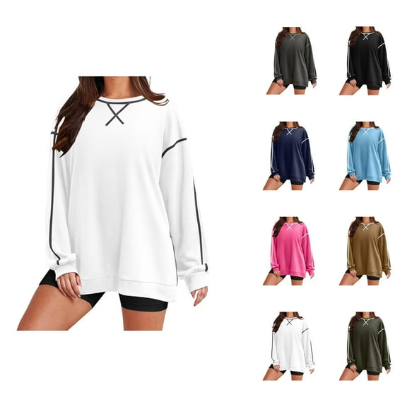 Oversized Sweatshirts for Women 2025 Fall Long Sleeve Crewneck Side Slit Color Block Sweatshirt Pullover Tops