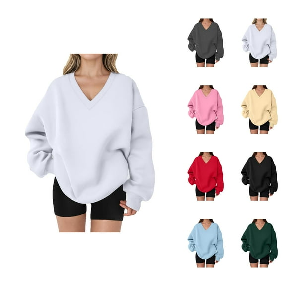 Oversized Sweatshirts for Women 2025 Fall Winter Long Sleeve V Neck Loose Plain Sweatshirt Pullover Tops