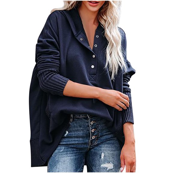 Oversized Sweatshirts for Women Fashion Lightweight Hoodie Tops V Neck Long Sleeve Button Up Loose Fit Henley Shirts