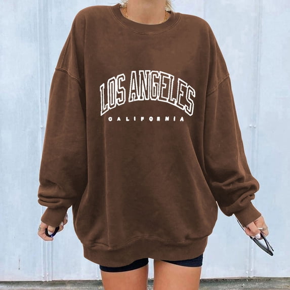 Oversized Sweatshirts for Women Long Sleeve Basic Y2K Pullover Crewneck Los Angeles Print Comfy Lightweight Tops