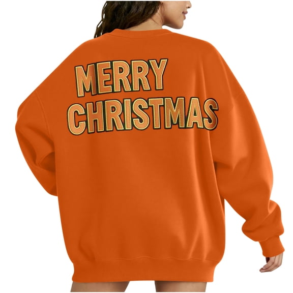 Oversized Sweatshirts for Women Merry Christmas Letter Printed On Back Xmas Casual Crewneck Pullover Sweater Tops (S, Orange)