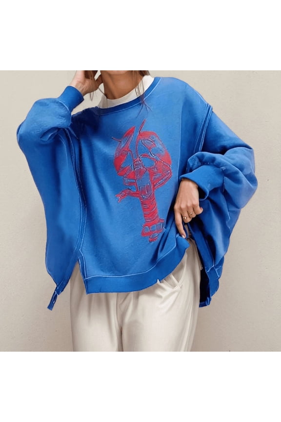 Oversized Sweatshirts for Women Side Split Casual Fashion Spring Tops Lobster Print Long Sleeve Crewneck Fall Pullover