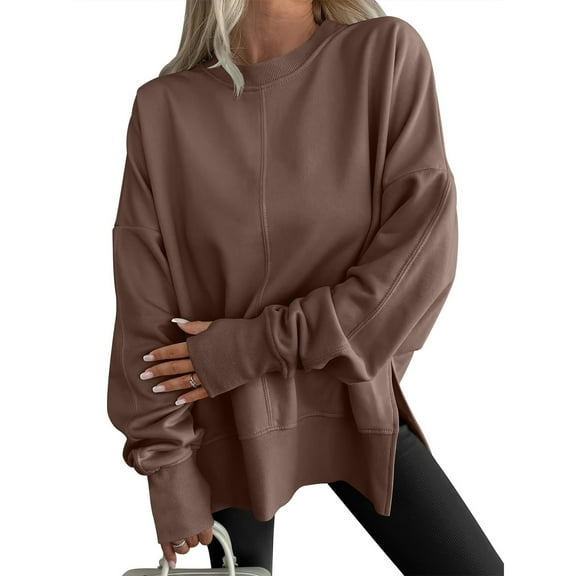 Oversized Sweatshirts for Women Thumbhole Crew Neck Long Sleeve Shirts Cozy Casual Loose Slit Pullover Top Fall Outfits Brown L