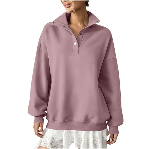Oversized Sweatshirts with Hood Womens Comfy Loose Cotton Button up Lapel Collar Pullover Fall Winter Tops (2XL, Rose Gold)
