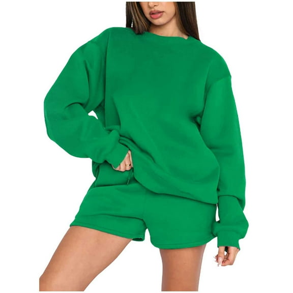 Oversized Sweatsuits Short Sets Women 2 Piece Sports Casual Plain Pullover Sweatshirt Top and Shorts Outfits Set (L, Green)