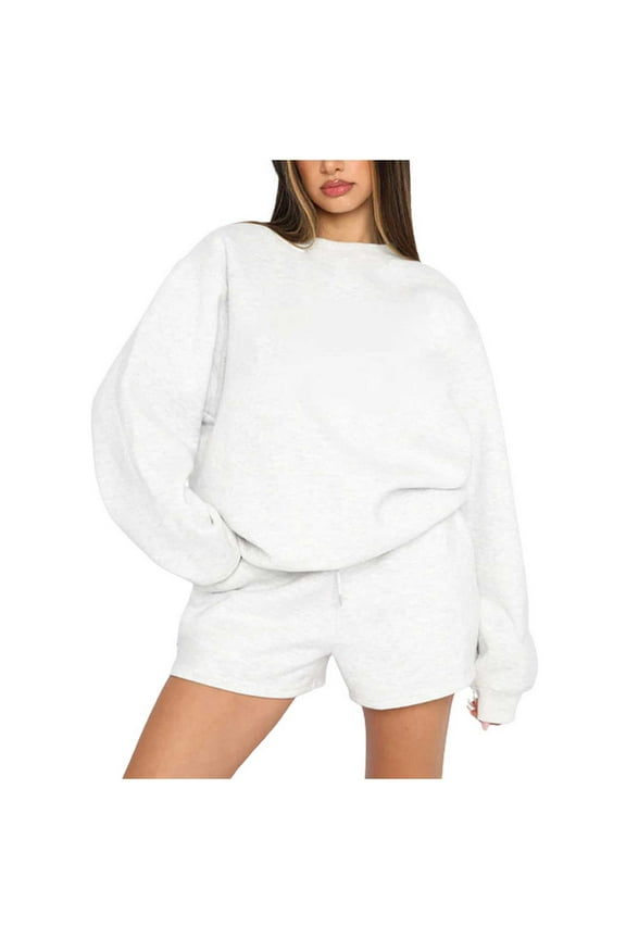 Oversized Sweatsuits Short Sets Women 2 Piece Sports Casual Plain Pullover Sweatshirt Top and Shorts Outfits Set (L, White)