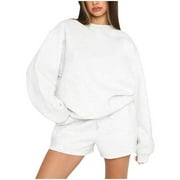 AKOEE Oversized Sweatsuits Short Sets Women 2 Piece Sports Casual Plain Pullover Sweatshirt Top and Shorts Outfits Set (XL, White)