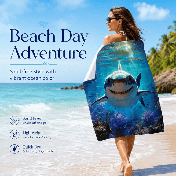 Oversized Swim Blankets Sandless Microfiber Fast Drying Absorbent Great White Shark Deep Sea Coral Reef Teal Blue Adult Marine Ladies 30x60 inch