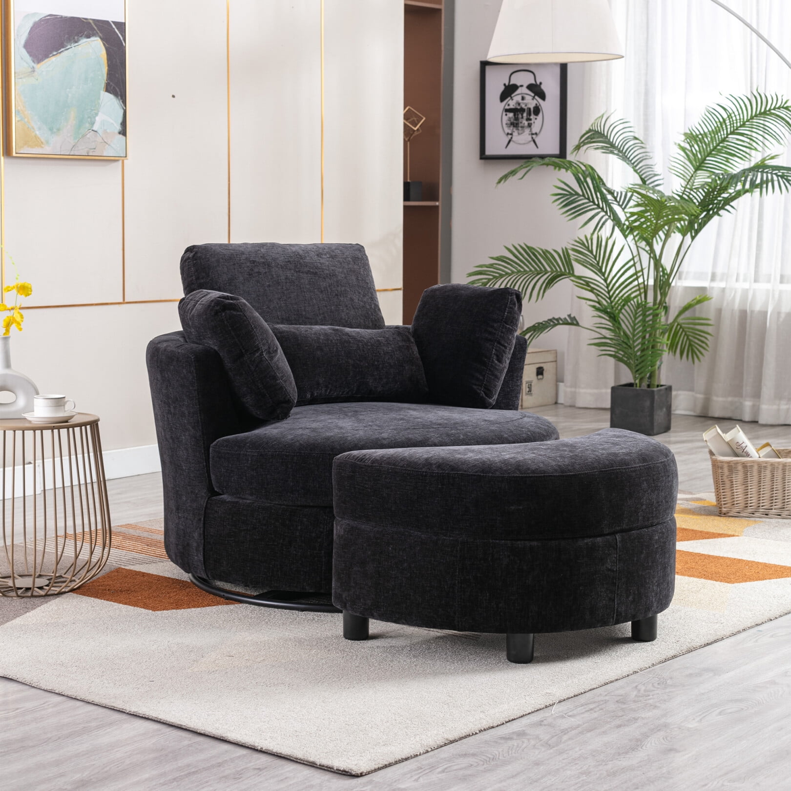 Oversized Swivel Accent Barrel Chair with Crescent Moon Storage Ottoman