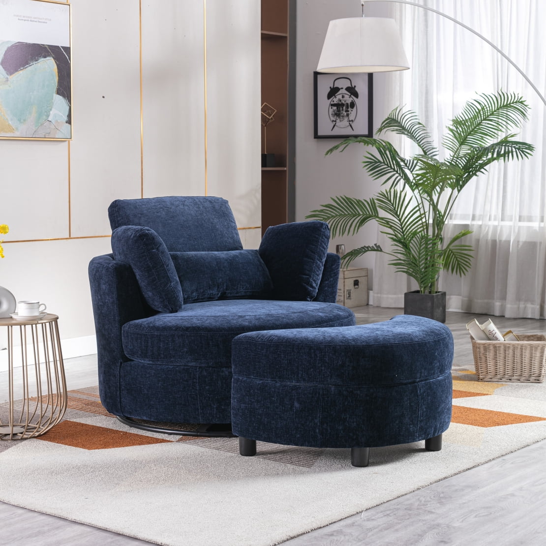 Oversized Swivel Accent Barrel Chair with Crescent Moon Storage Ottoman