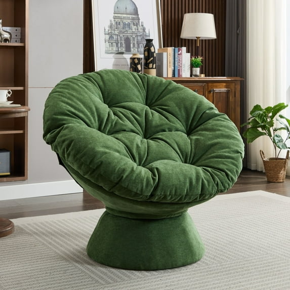 Oversized Swivel Accent Chair, 360 Swivel Chenille Upholstered Barrel Chair with Sturdy Frame & Base, Round Papasan Chair with Button Tufted Cushion for Living Room Bedroom, Dark Green