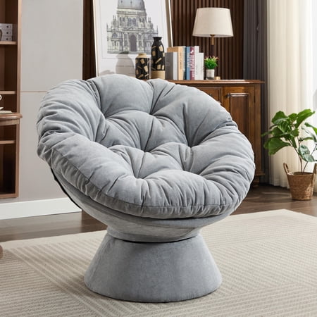 Oversized Swivel Accent Chair with Cushion and Frame, 360° Barrel Chair, Chenille Upholstered Papasan Chair with Tufted Backrest, Iron Base, Reading Chair for Balcony