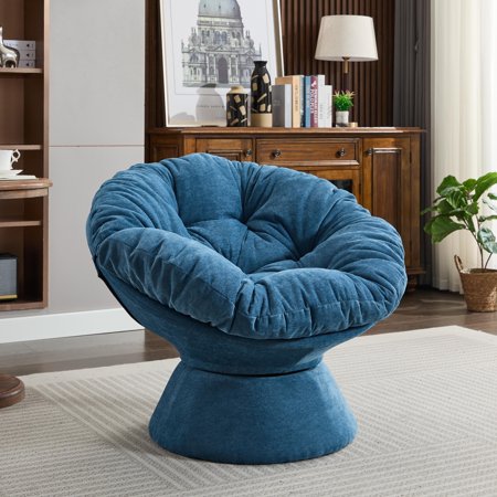 Oversized Swivel Accent Chair with Cushion and Frame, 360° Barrel Chair, Chenille Upholstered Papasan Chair with Tufted Backrest, Iron Base, Reading Chair for Balcony