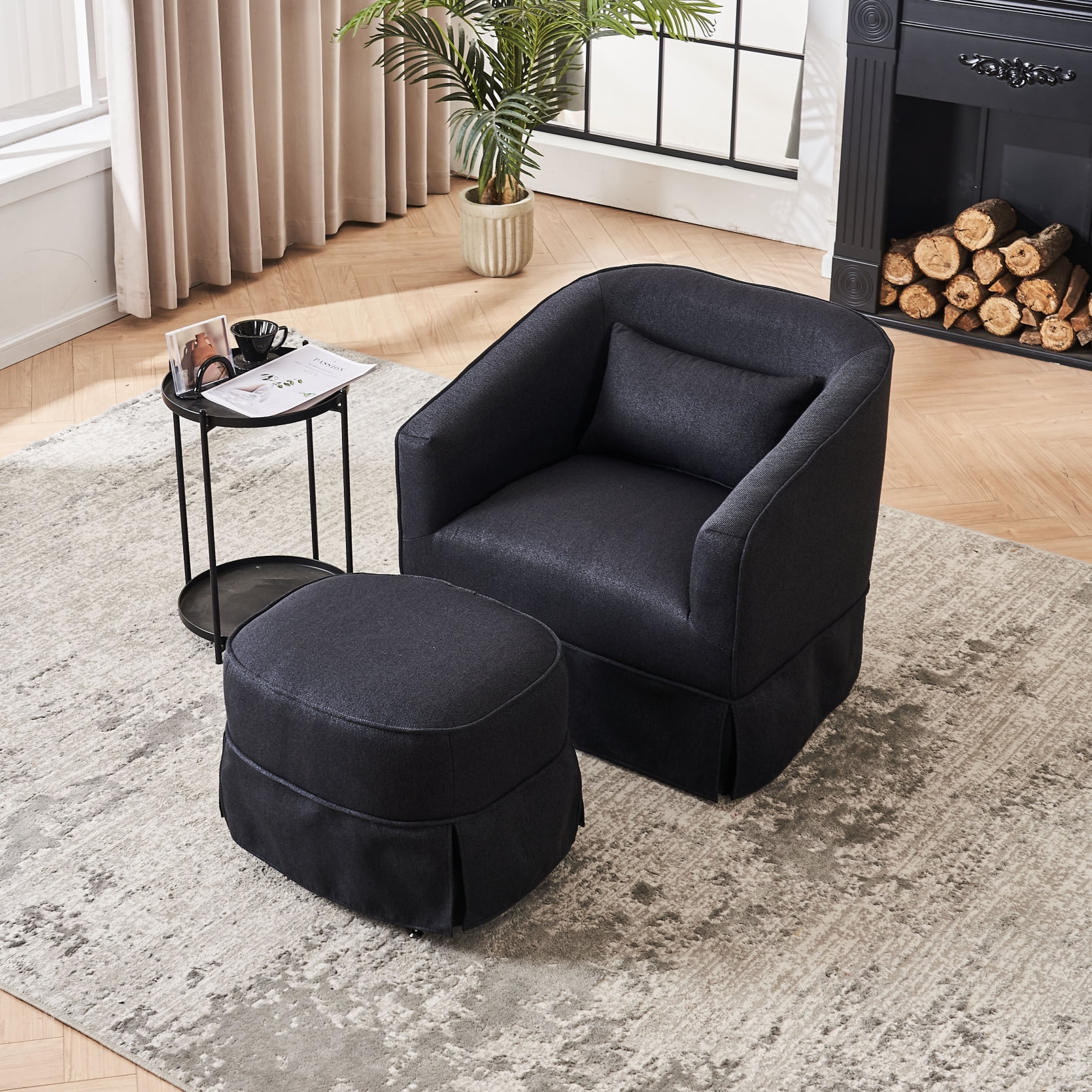 Oversized Swivel Accent Chair with Ottoman, Linen Upholstered Armchair ...
