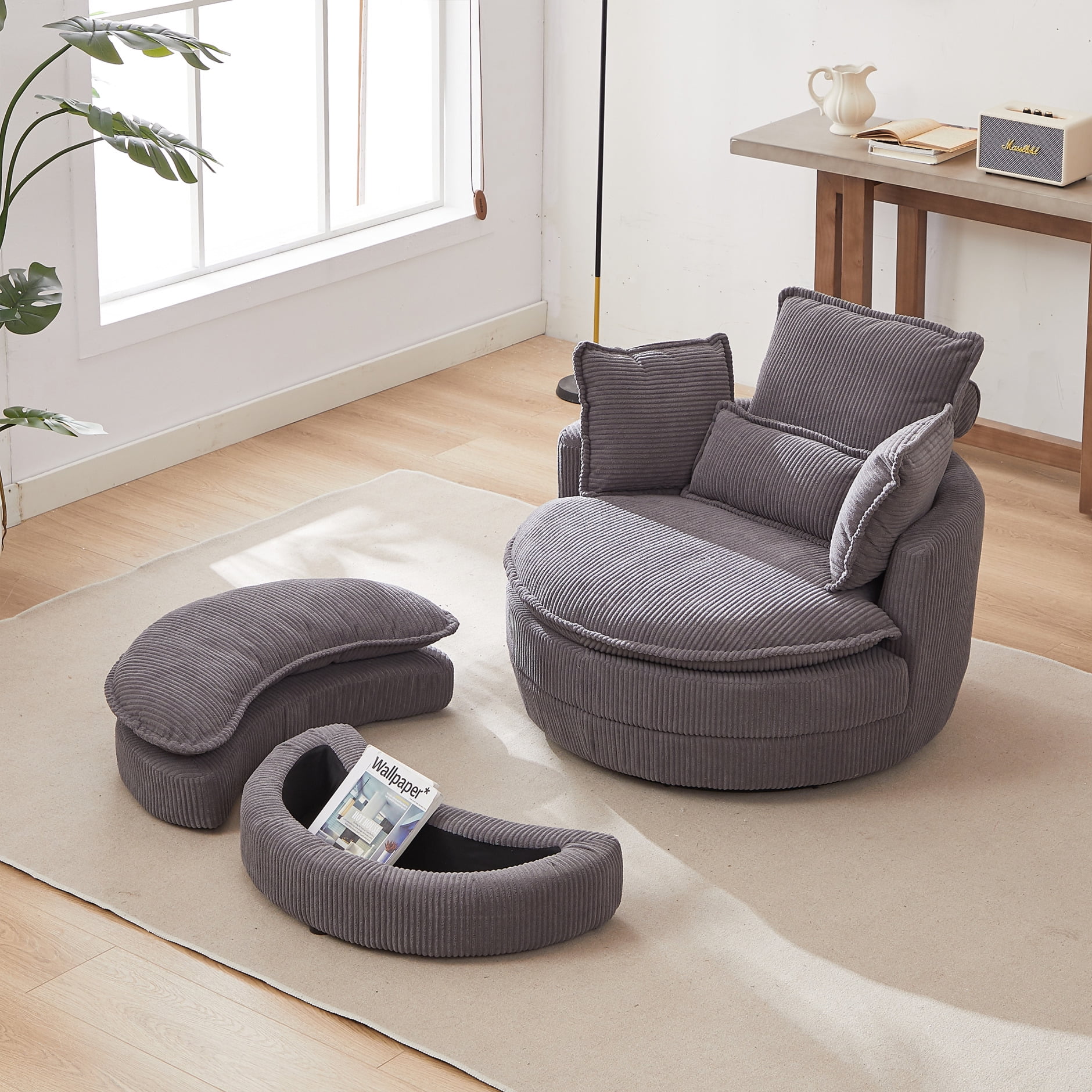 Oversized Swivel Chair with Moon Storage Ottoman, Modern Accent Round