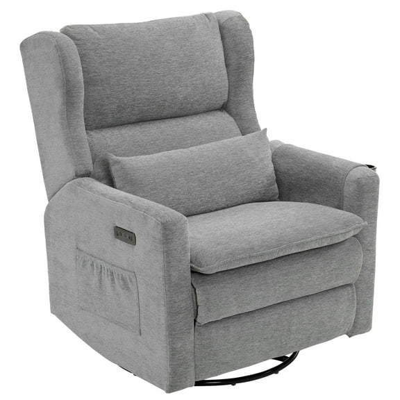 Oversized Swivel Rocker Recliner Chair, 26" Extra Wide Glider Nursery Chair with Adjustable Headrest, Chenille Power Recliner Rocking with Double Cushion, Cup Holder, Grey