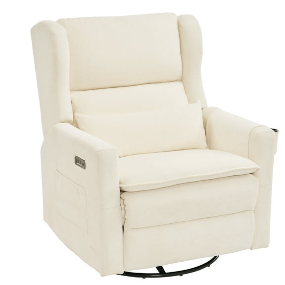 Oversized Swivel Rocker Recliner Chair, 26" Extra Wide Nursery Glider Recliner with Adjustable Headrest, Power Recliner Swivel Glider with Double Cushion, Cup Holder, White