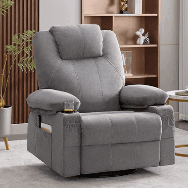 Oversized Swivel Rocker Recliner Chair with Heat and Massage, 360 Degree Swivel Rocking Single Sofa with Cup Holders and USB Port, Big Large Recliner Chair for Living Room (Fabric, Grey)