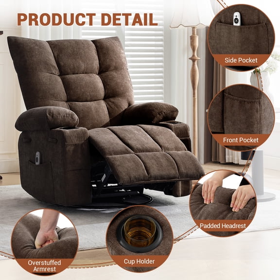 Oversized Swivel Rocker Recliner Chair with Massage & Heat - Ergonomic Lounge Sofa with 360° Rotation, Side Pocket & Dual Cup Holders - Recliner Lift Chair for Living Room or Bedroom