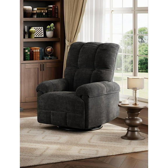 Oversized Swivel Rocker Recliner Chair, Overstuffed Chenille Upholstery, Padded Armrests, Infinite Recline, 350 lb Capacity, for Living Room, Black