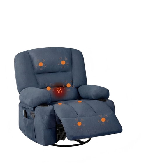Oversized Swivel Rocker Recliner with Heat and Massage - With Cup Holders and Side Pocket, Chenille, Blue