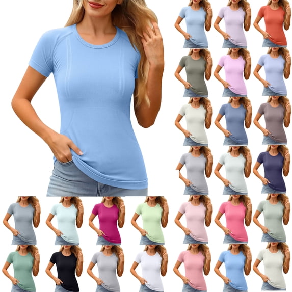 Oversized T-Shirt for Women Seamless Workout Crew Neck Raglan Short Sleeve Compression Slim Fit Yoga Athletic Tee Sweat Wicking Base Layer Top for Everyday Layered Outfits