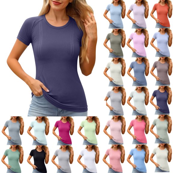 Oversized T-Shirt for Women Seamless Workout Crew Neck Raglan Short Sleeve Compression Slim Fit Yoga Athletic Tee Sweat Wicking Base Layer Top for Everyday Layered Outfits