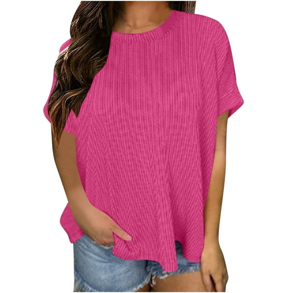 Oversized T-Shirt for Women Plus Size Ribbed Top Solid Color Crew Neck Loose Athletic Workout Shirt