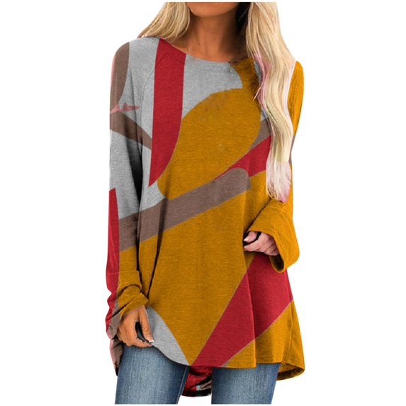 Oversized T Shirts, Button Down Shirt Plus Size T Shirts Women's Fashion Casual Irregular Patchwork Color Print Loose Medium Long Long Sleeve Top Ribbed Knit Cropped Top Long (Yellow,Small)