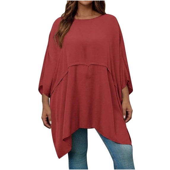 Oversized T-Shirts For Women Sevevn Women's Plus Size T-Shirt Solid Color Loose Fit Round Neck Tops Batwing Sleeve Long Sleeve Shirt