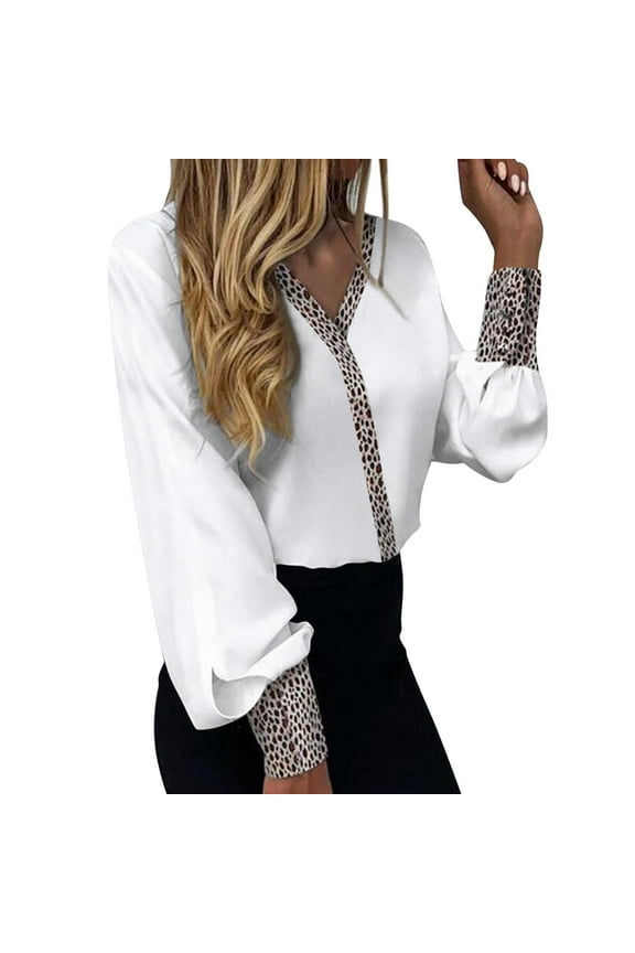 Oversized T Shirts For womens Long Sleeve V-Neck Tops Leopard Print White Xlautumn Blouses
