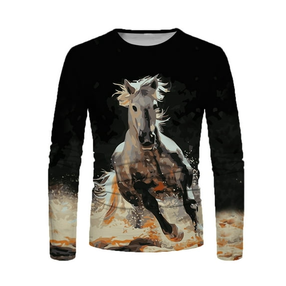 Oversized T Shirts for Men Horse Retro 3D Printed Long Sleeve Crew Neck Men's Spring and Autumn T-shirt Shirts for Men Sweatshirts Men Workout Shirts for Men Clearance on Sales(Yellow,3XL)
