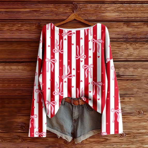Oversized T Shirts for Women Heart Bow Printed Crew Neck Valentine's Day T Shirt Loose Fit Soft Brushed Casual Comfortable Top Spring Fal Basic Blouses Vacation Clothes
